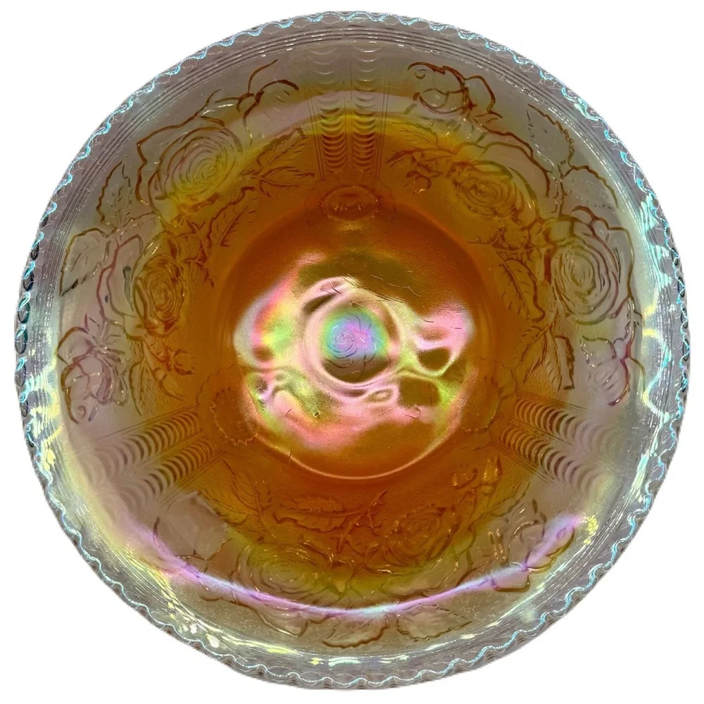 Vintage 11” Imperial Glass Open Lustre Rose Marigold Glass Large Footed Bowl
